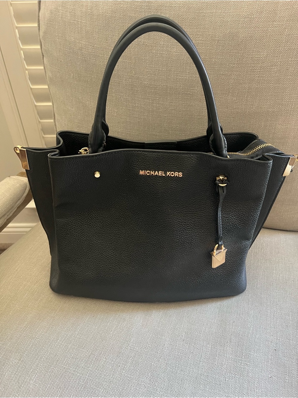 Michael Kors Black Pebbled Leather Tote with Gold Hardware